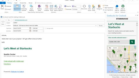 Starbucks for Outlook allows users to set up coffee meetings straight from their inboxes.