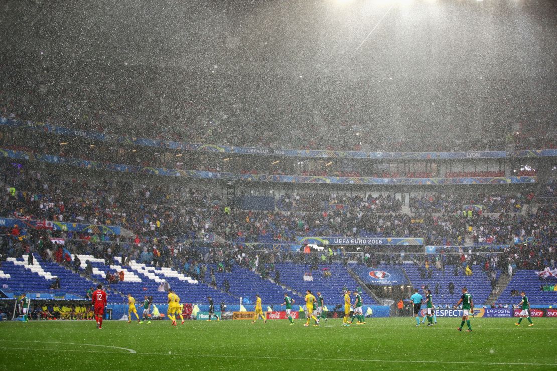 The players were forced off the field after a hailstorm in Lyon.