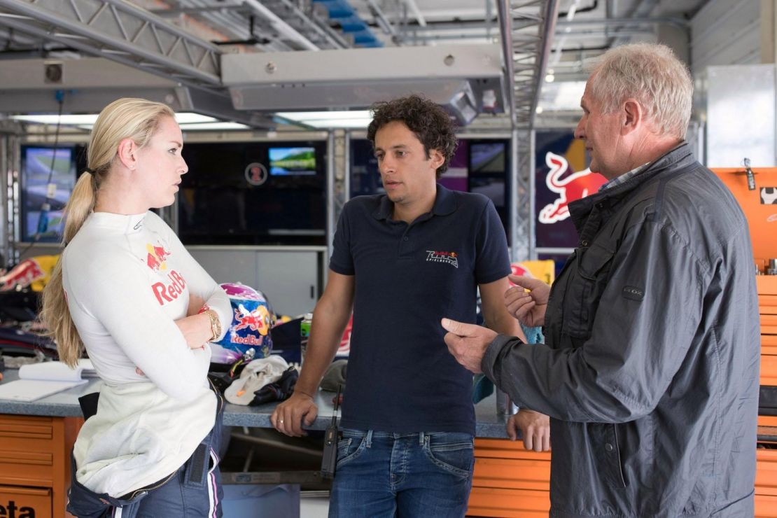 The skiier chats to Austrian racer Patrick Friesacher and Red Bull advisor Helmut Marko.