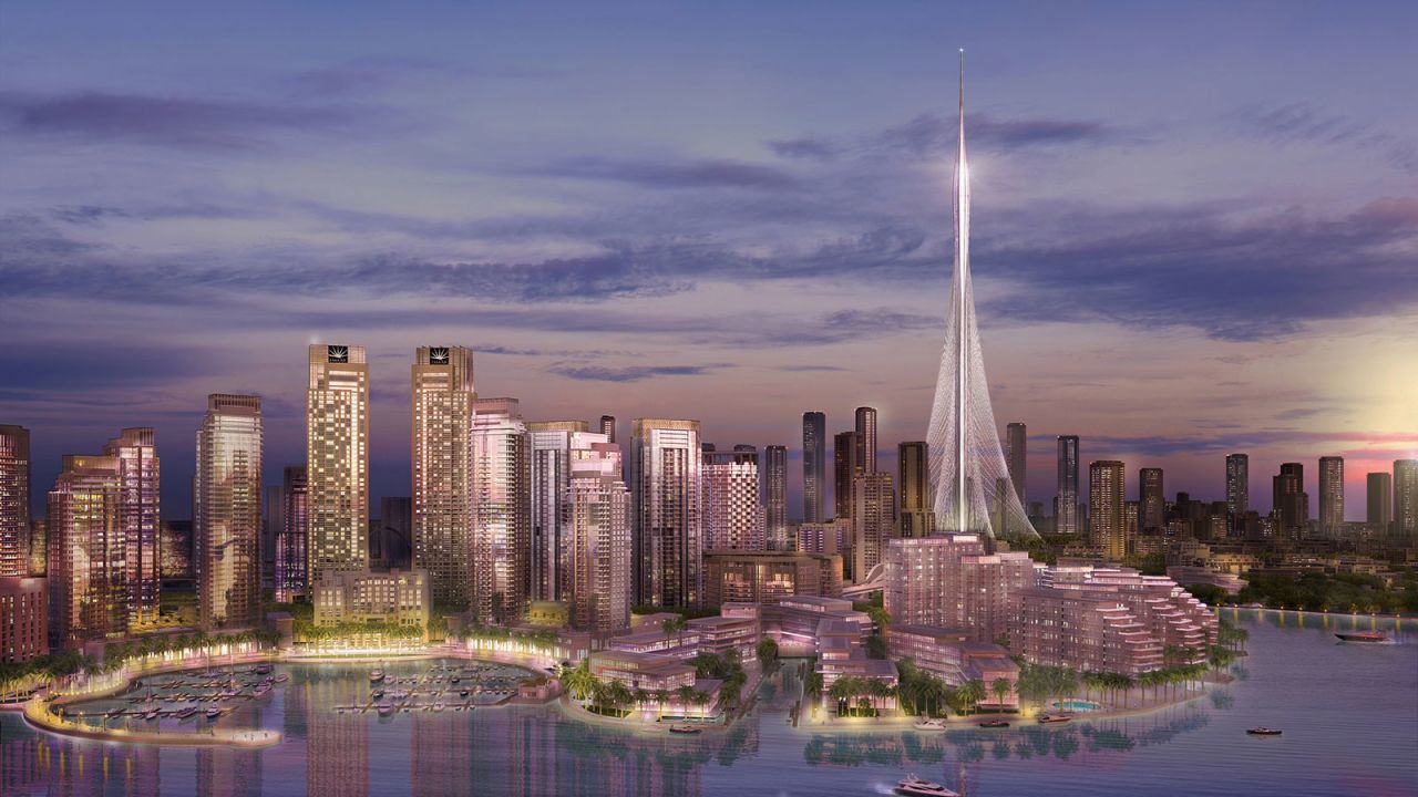 A rendering of the Dubai Creek Tower at the center of the upcoming harbour complex.