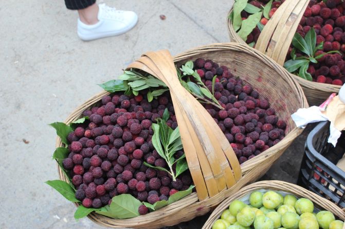 Guizhou is home to unusual vegetables and fruits like the yangmei -- the bayberry or Chinese strawberry -- that are sold from wicker baskets at local markets. 