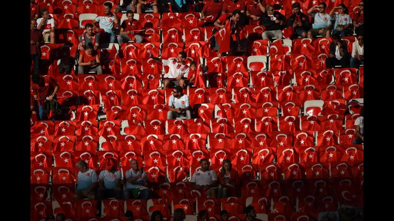 Turkish flags are seen in a section of the Allianz Riviera Stadium.