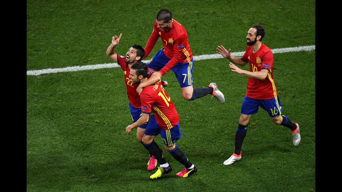 Nolito, far left, celebrates with teammates after his goal in the first half. It came just a few minutes after Morata's opening goal.
