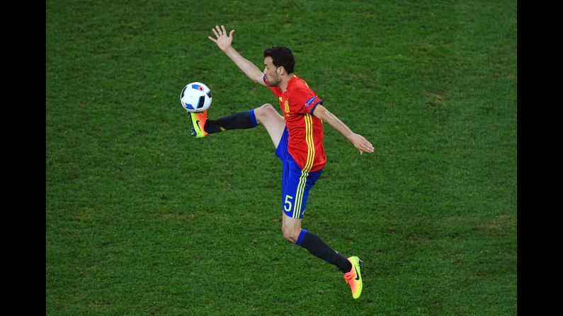 Spanish midfielder Sergio Busquets controls the ball during the match in Nice, France.