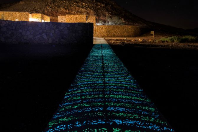 This path in Be'erot Khan, Israel, is lit up at night by Ambient Glow Technology, which uses a photoluminescent stone that can be placed in concrete and asphalt. The stones glow throughout the night after having soaked up light during the day, according to the makers.
