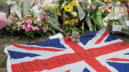 A Union flag with the years of her birth and death lie amid floral tributes to slain British MP Jo Cox, in the town where she was killed, Birstall.