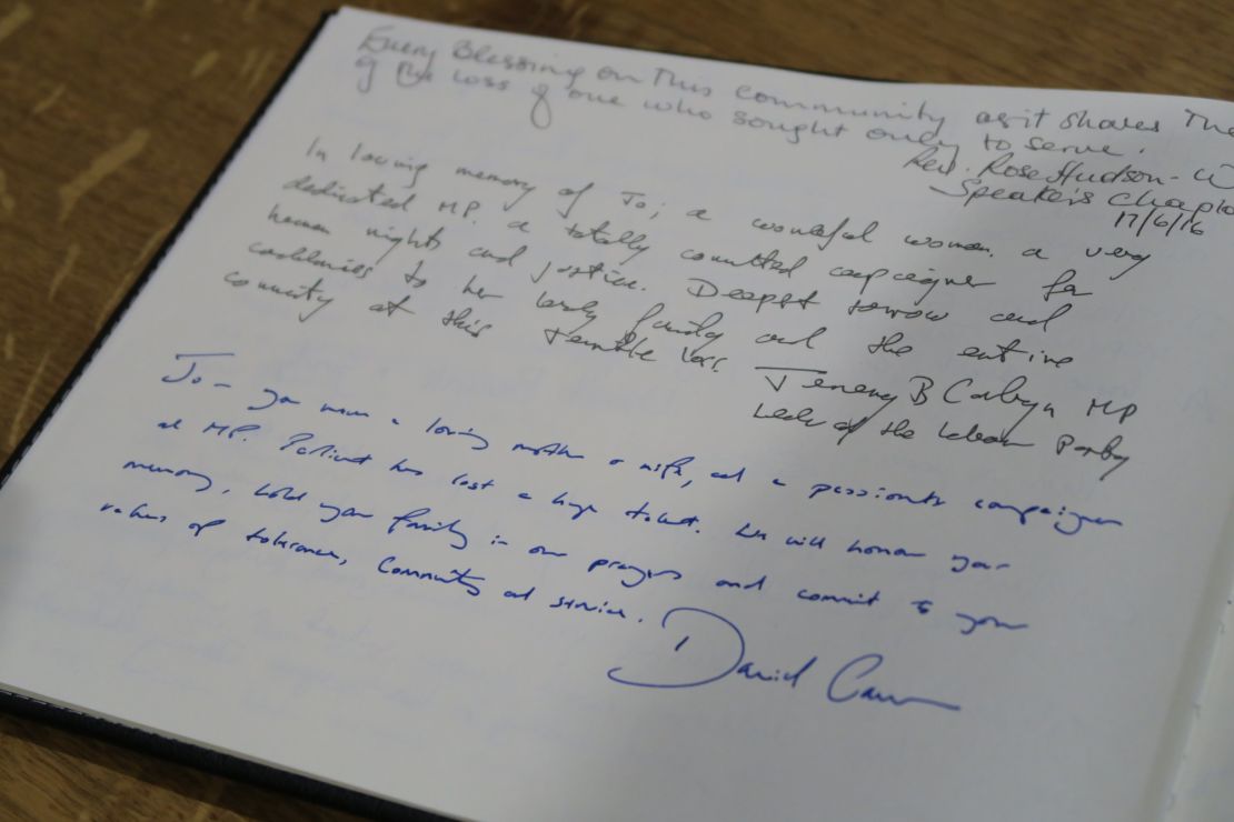 Messages from British Prime Minister David Cameron and Labour leader Jeremy Corbyn in a book of condolence at St. Peter's Church.