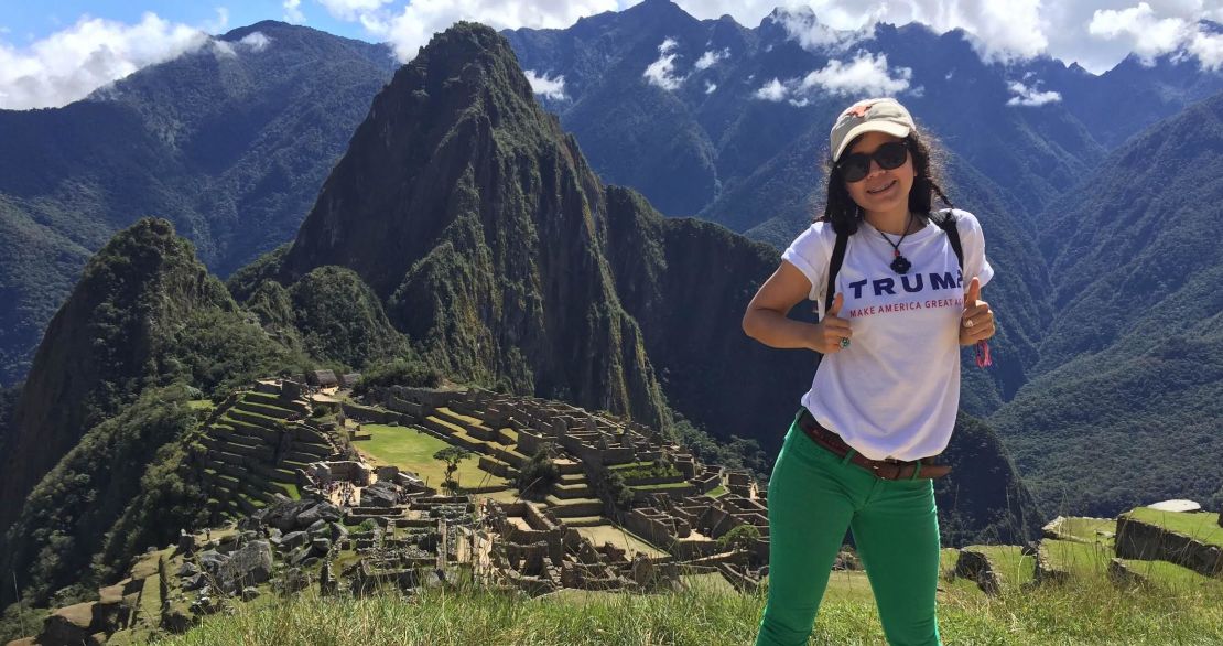 Latina Trump supporter Miriam Cepeda is pictured at Machu Picchu during her summer trip to Peru sporting a campaign shirt.