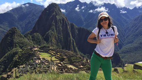 Latina Trump supporter Miriam Cepeda is pictured at Machu Picchu during her summer trip to Peru sporting a campaign shirt.