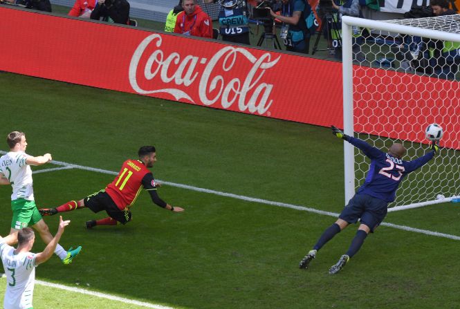 Belgium's forward Yannick Ferreira-Carrasco, center, scores a goal, that was disallowed due to offside.