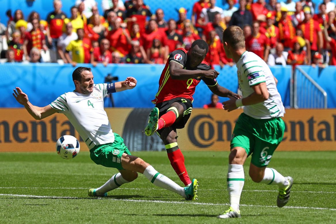 Romelu Lukaku of Belgium scores his team's first goal.