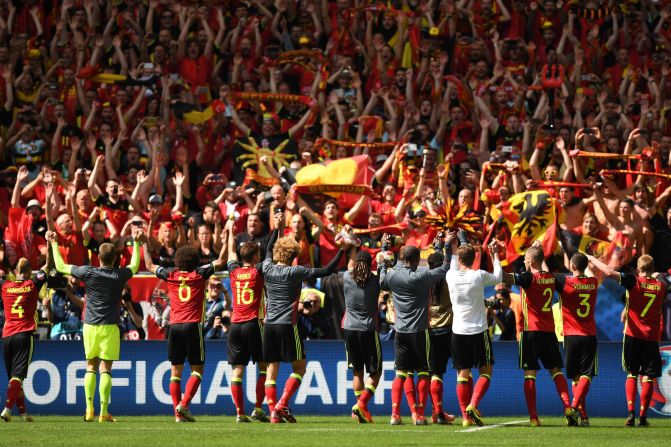 Belgium celebrates with fans after their 3-0 victory over Republic of Ireland at Stade Matmut Atlantique on Saturday, June 18,  in Bordeaux, France. 