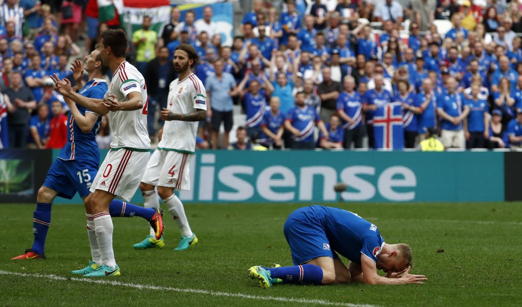 Iceland forward Kolbeinn Sigthorsson reacts after missing a goal opportunity.