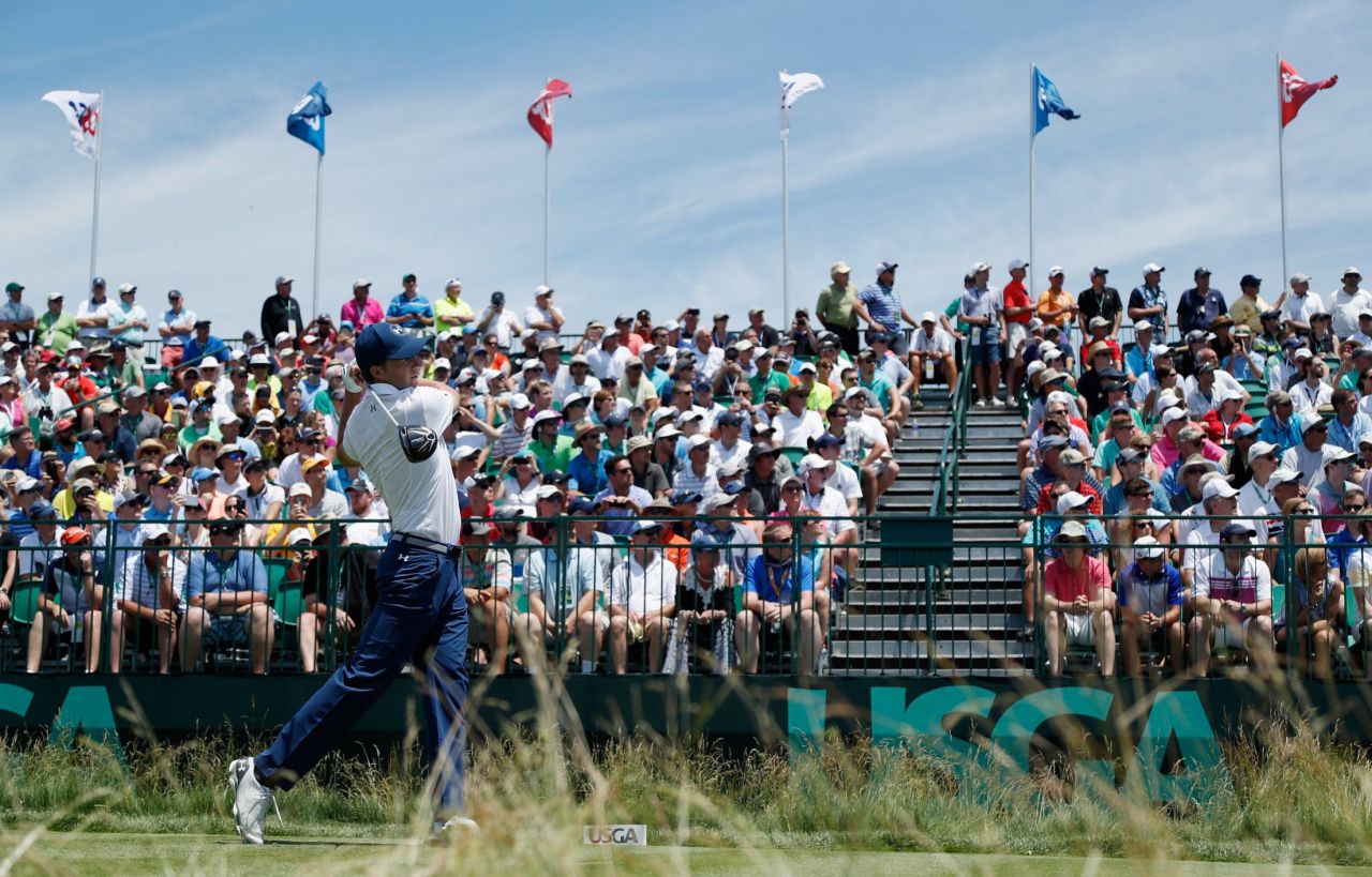 Jordan Spieth plays a tee shot on the 18th hole during the continuation of the second round of the U.S. Open at Oakmont Country Club on Saturday, June 18, in Oakmont, Pennsylvania. 