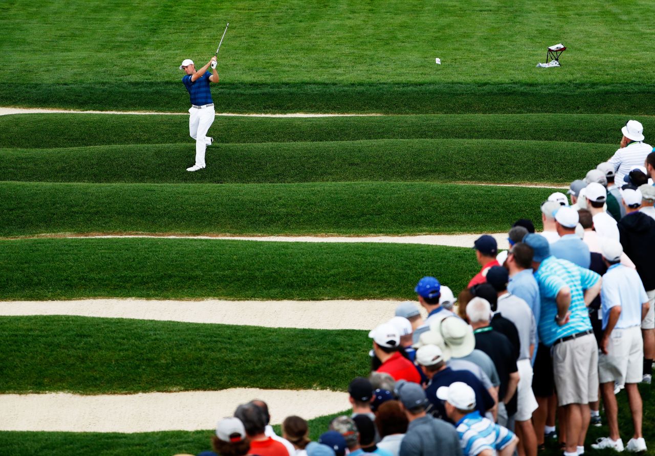 Jordan Spieth of the United States plays a shot from the Church Pews on the 15th hole during the first round on June 16.