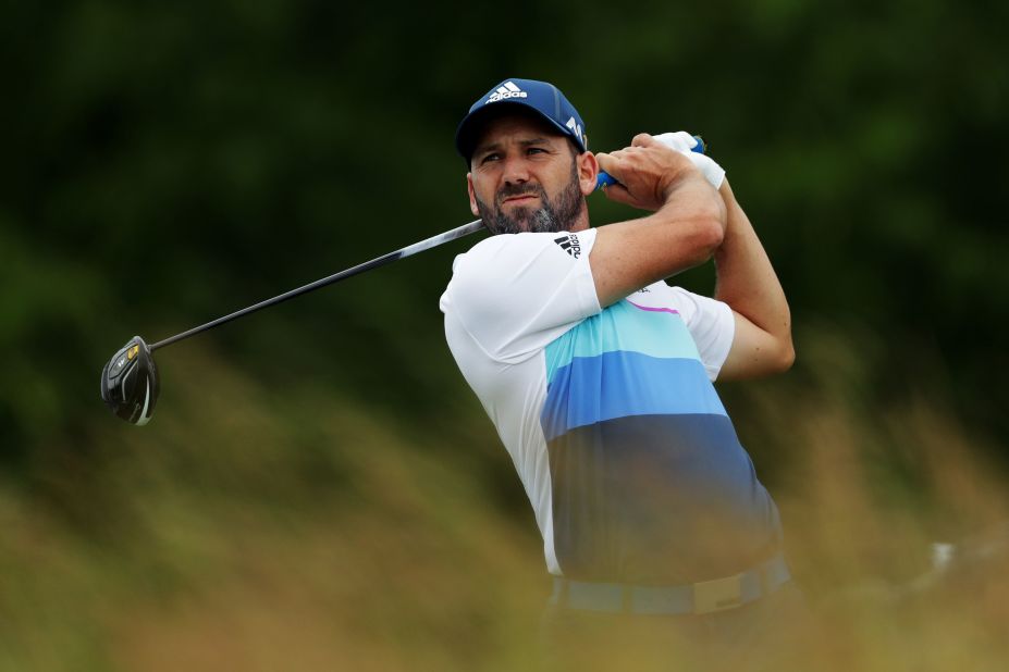 Sergio Garcia of Spain hits his tee shot on the fourth hole during the continuation of the weather-delayed first round on June 17.