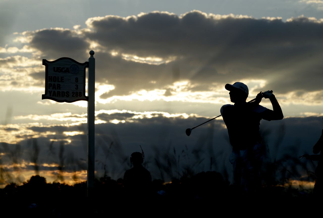 Sergio Garcia watches his tee shot on the eighth hole during the second round on June 17.