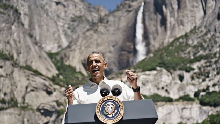 U.S. President Barack Obama speaks while celebrating the 100th anniversary of the US National Parks system at Yosemite National Park, California, on June 18, 2016. / AFP / Brendan Smialowski        (Photo credit should read BRENDAN SMIALOWSKI/AFP/Getty Images)