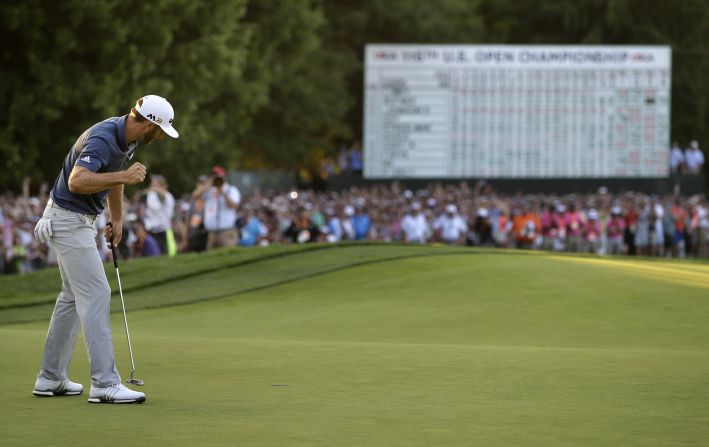 Johnson reacts after making a birdie on the 18th hole on June 19. 