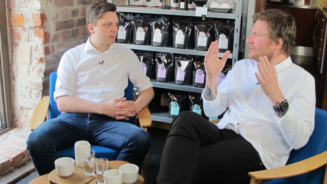Tim Wendelboe (left) owns a coffee shop and micro-roastery in Oslo's hip Grunerlokka district. He supplies coffee to Michelin-starred restaurants including Noma in Copenhagen and Maaemo in Oslo, run by Danish chef Esben Holmboe Bang (right). 