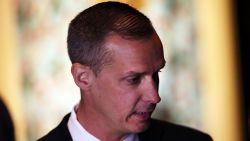 Corey Lewandowski speaks to a reporter before the Republican presidential candidate makes his way to the podium to speak to supporters and the media at Trump Towers following the conclusion of primaries Tuesday in northeastern states on April 26, 2016 in New York, New York.