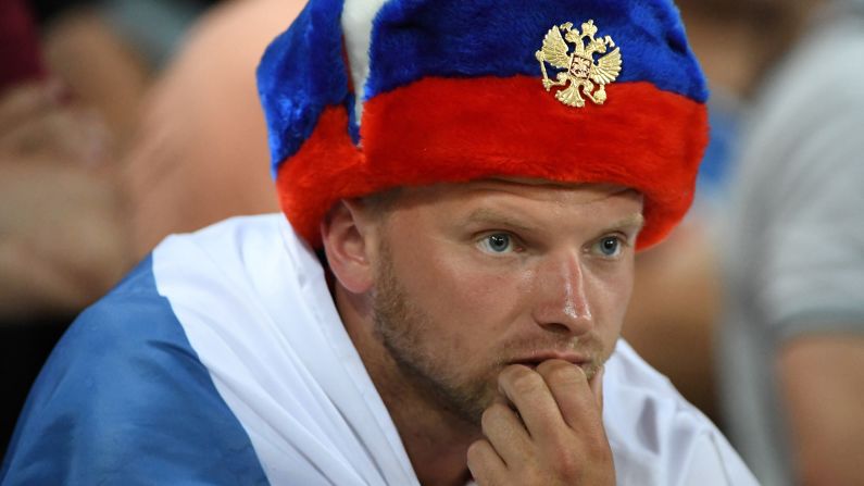 A Russia fan watches the match inside the stadium in Toulouse, France.