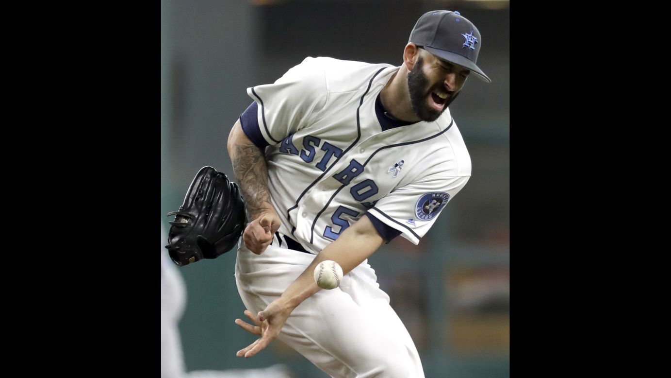 Houston pitcher Mike Fiers is hit by a line drive during a home game against Cincinnati on Sunday, June 19. The ball hit his left leg, and he came out of the game a few moments later.