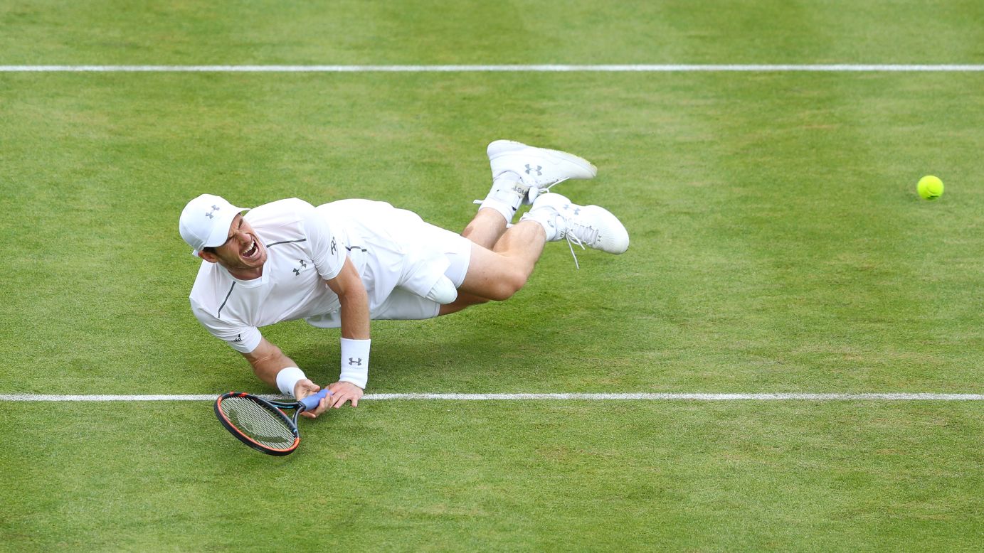 Andy Murray slips during his quarterfinal match against Kyle Edmund at the Aegon Championships in London on Friday, June 17. Murray would go on to win the tournament.