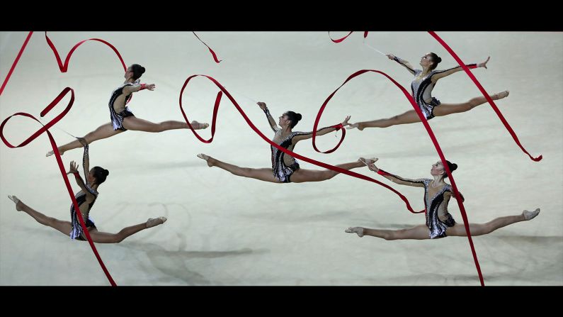 Rhythmic gymnasts from Israel compete in the European Championships on Friday, June 19.