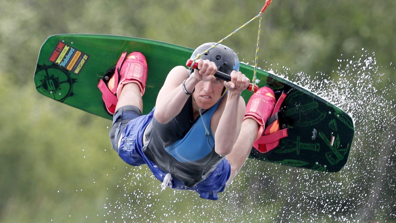 A participant catches some air as he competes in the Belarus Wakeboard Cup on Saturday, June 18.