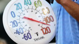 KANSAS CITY, MO - AUGUST 02:  A thermometer shows temperature at over 100 degrees prior to the start of the game between the Baltimore Orioles and the Kansas City Royals  on August 2, 2011 at Kauffman Stadium in Kansas City, Missouri.  (Photo by Jamie Squire/Getty Images)