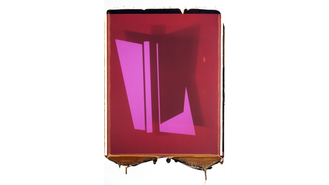 For a series called "Polaroids", she used a rare 20 x 24-inch Polaroid camera to photograph layers of paper that were exposed multiple times to generate different colors and shapes, using only the characteristics of light and the developing process.<br /><br />Pictured: "Red and Pink polaroid" (2013)