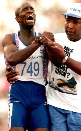 Crying has been a natural reaction for Olympic runners who fall to injury. Derek Redmond (L) of Great Britain limped to the finish line with the help of his father at the 1992 Olympics in Barcelona, Spain after suffering a hamstring injury during a men's 400-meter run. 