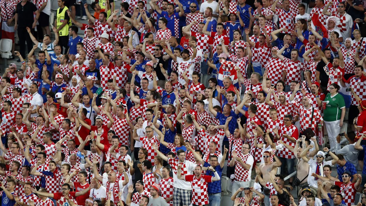 Croatian supporters cheer during the match in Bordeaux, France.