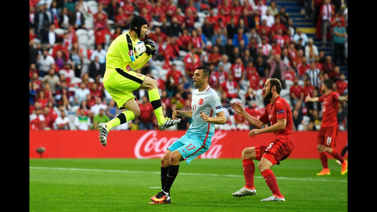Petr Cech makes a save for the Czechs.