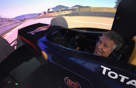 Even former F1 world champions can't resist a spin in the Red Bull Racing simulator. American legend Mario Andretti -- winner of the 1978 world title -- tries the sim out for size on a visit to the team in 2011.