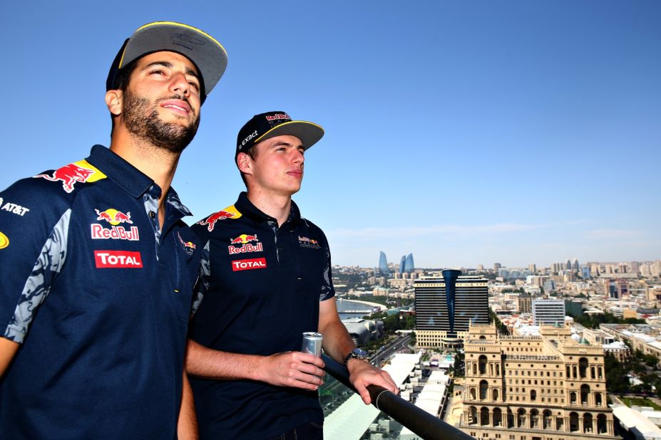 Red Bull drivers Daniel Ricciardo (left) and Max Verstappen (right) regularly use the simulator to sharpen their racing senses and learn new tracks, like the new city center circuit in Azerbaijan capital Baku, shown here.