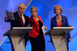 Pro-"Leave" MPs Boris Johnson, Gisela Stuart and Andrea Leadsom take part in Tuesday night's debate.
