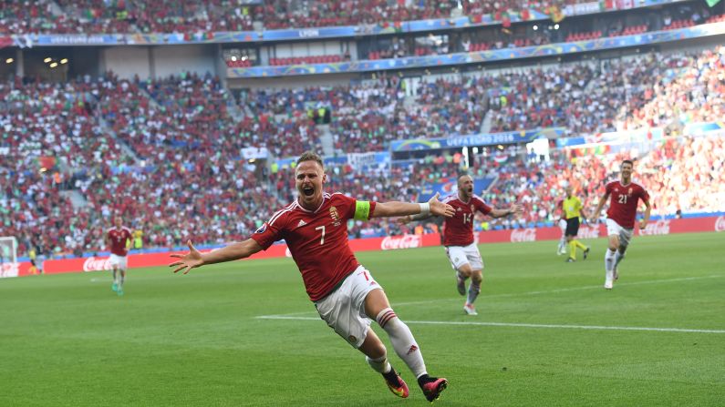 Hungarian midfielder Balazs Dzsudzsak celebrates a goal against Portugal. He scored twice in what was a thrilling 3-3 draw. Both teams advanced to the round of 16, but Hungary advanced as group winners.