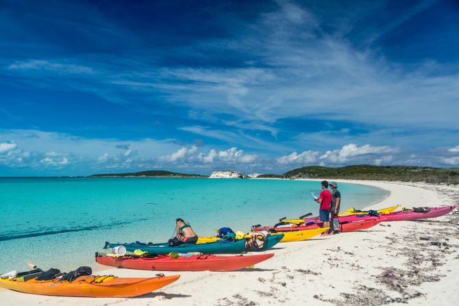 The Exumas in the Bahamas are made up of more than 365 cays or islands. A perfect pit stop for lunch, the desolate but stunning beaches along the coast of Great Guana Cay provide a relaxing place to eat.