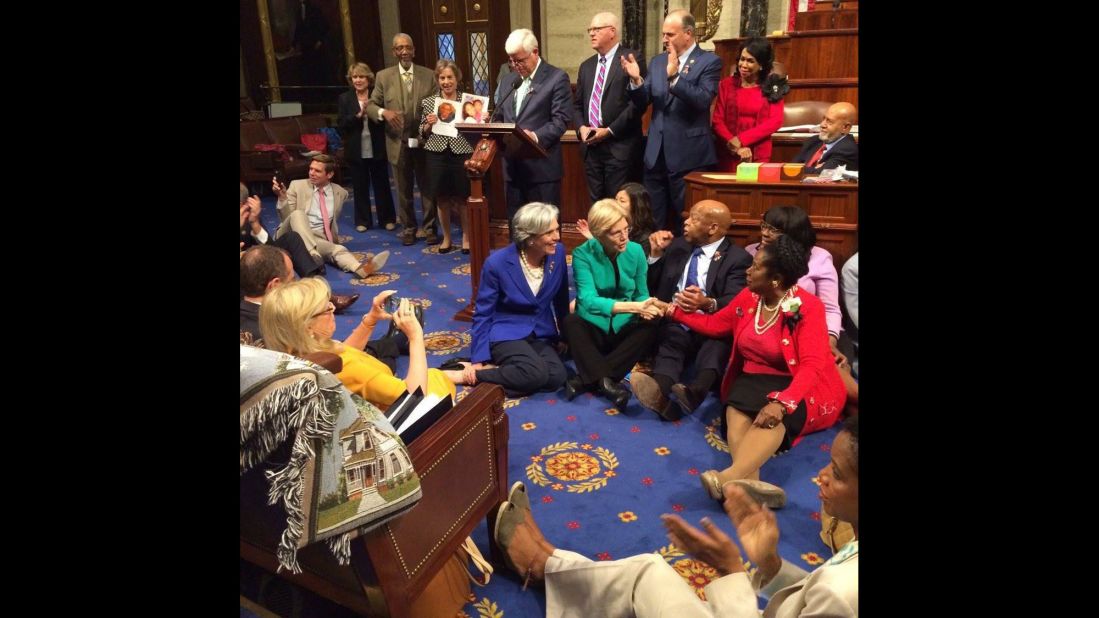 Rep. John Lewis, second from right, sits with other Democrats on the House floor as<a href="http://www.cnn.com/2016/06/22/politics/john-lewis-sit-in-gun-violence/index.html"> they try to force a vote on gun control</a> on Wednesday, June 22. Lewis posted <a href="https://www.facebook.com/RepJohnLewis/posts/10154185589303405:0" target="_blank" target="_blank">the above photo to his Facebook account saying</a>, "We have a mission, a mandate, and a moral obligation to speak up and speak out until the House votes to address gun violence. We have turned deaf ears to the blood of the innocent and the concern of our nation. We will use nonviolence to fight gun violence and inaction."