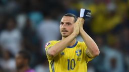 Sweden's forward Zlatan Ibrahimovic acknowledges the crowd after Sweden lost 0-1 in the Euro 2016 group E football match between Sweden and Belgium at the Allianz Riviera stadium in Nice on June 22, 2016. / AFP / BULENT KILIC        (Photo credit should read BULENT KILIC/AFP/Getty Images)
