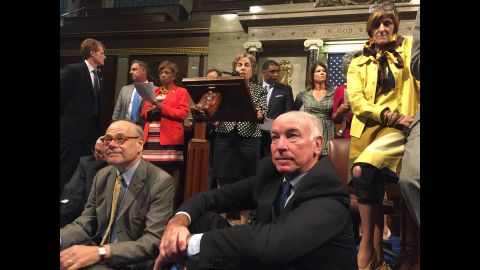 Democratic Reps. Steve Cohen, front row, left, Joe Courtney and Rosa DeLauro participate in the sit-in June 22 in a photo from  Rep. Chellie Pingree.