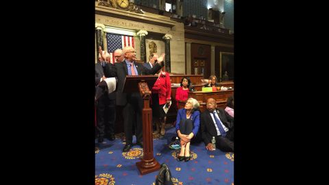 Reps. Peter DeFazio, left, Katherine Clark and John Lewis continue the sit-in in a photo provided by Rep. Suzanne Bonamici.