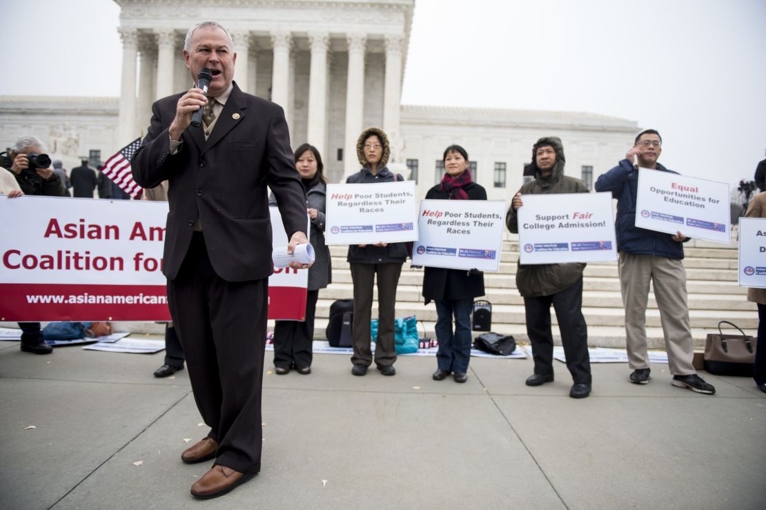 Rep. Dana Rohrabacher, R-California, speaks in 2015 at a rally outside the US Supreme Court against race-based affirmative action policies at the University of Texas.
