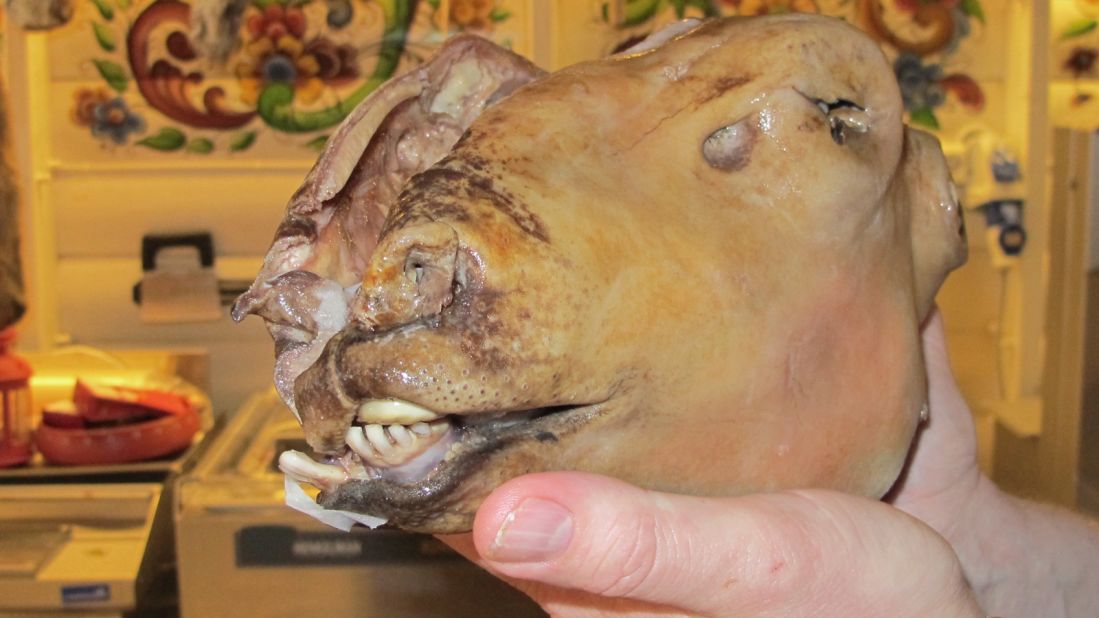 A Western Norwegian Christmas treat, smalahove is a whole sheep's head. To prepare, burn off the wool and skin, remove the brain and salt the head. Servings are half a head each, so it's perfect for couples. 