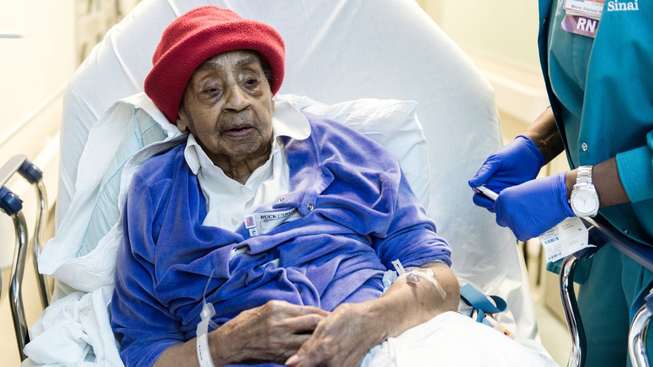Hattie Hill, 105, is treated for a leg infection at Mt. Sinai Hospital in New York.