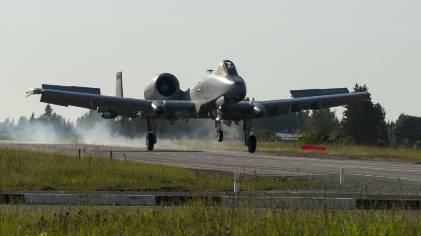 An A-10 Thunderbolt II from the 127th Wing, Michigan Air National Guard, lands on a remote highway strip near Jägala, Estonia after completing a simulated close air support mission in a combined arms live fire exercise during Saber Strike on June 20, 2016. Saber Strike is a long-standing U.S. Army Europe-led cooperative training exercise designed to improve joint interoperability through a range of missions that prepare the 14 participating nations to support multinational contingency operations.(Minnesota National Guard photo by Tech. Sgt. Amy M. Lovgren/ Released)
