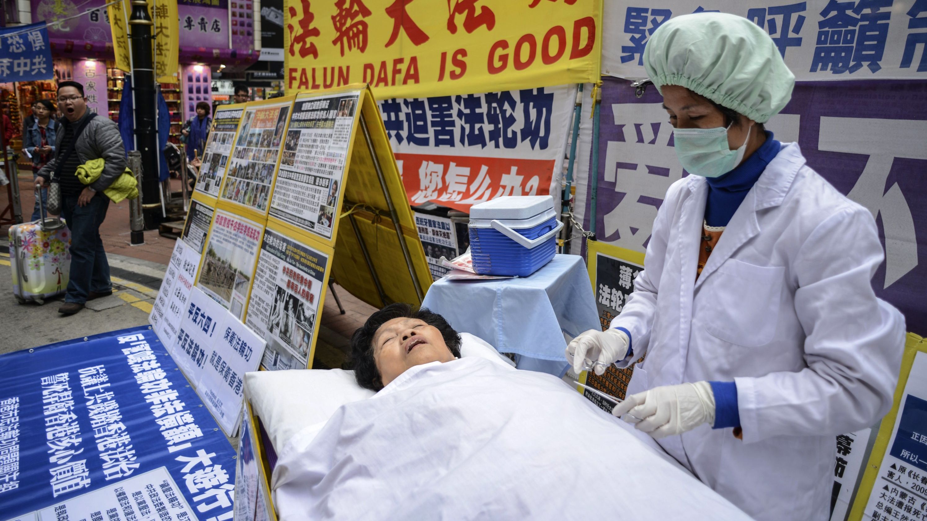 Falun Gong members stage a protest against China in Hong Kong. 