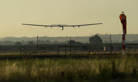 Solar Impulse 2 aircraft lands at Sevilla airport on June 23, 2016, after a 71-hour journey from New York powered only by sunlight.
